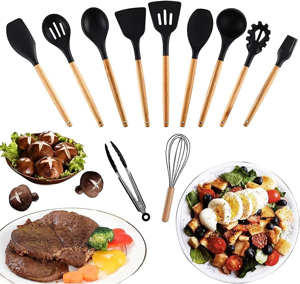 Conjunto de 11 Utensilios de Cozinha com Cabo de Madeira de Silicone