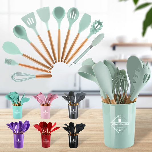 Conjunto de 11 Utensilios de Cozinha com Cabo de Madeira de Silicone