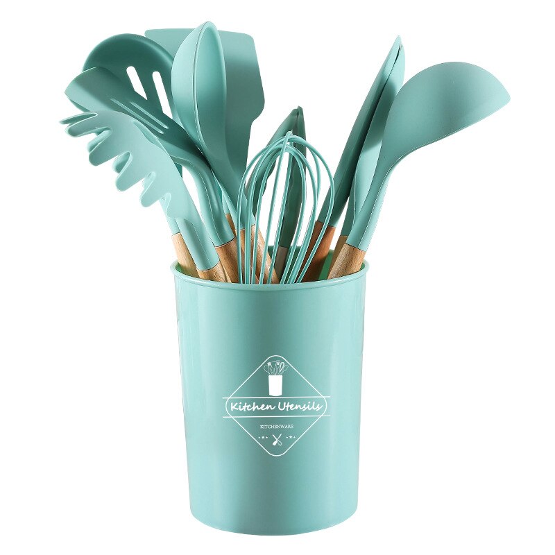 Conjunto de 11 Utensilios de Cozinha com Cabo de Madeira de Silicone