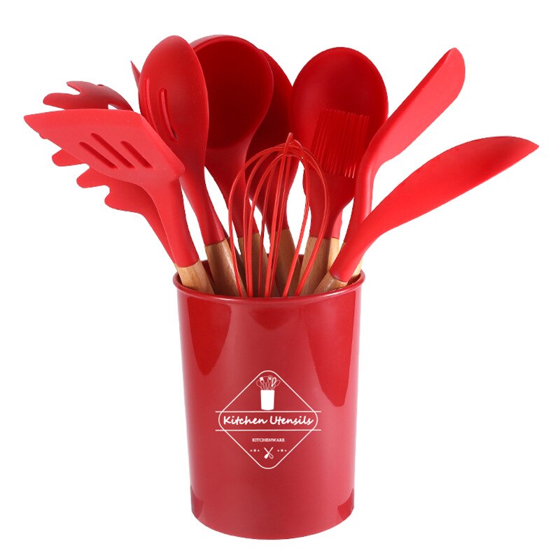 Conjunto de 11 Utensilios de Cozinha com Cabo de Madeira de Silicone