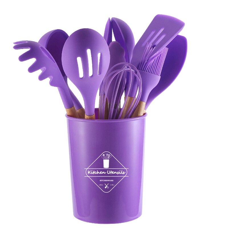 Conjunto de 11 Utensilios de Cozinha com Cabo de Madeira de Silicone