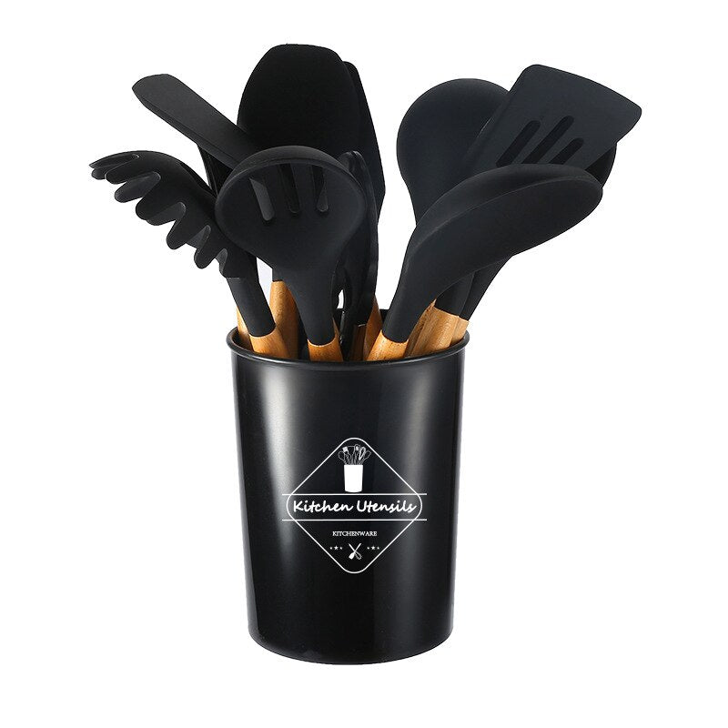 Conjunto de 11 Utensilios de Cozinha com Cabo de Madeira de Silicone