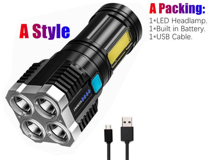 Lanterna Mini 4LED 1200Ma 18650 Battery USB Recarregavel USB COB LED Flashlight