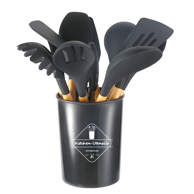 Conjunto de 11 Utensilios de Cozinha com Cabo de Madeira de Silicone