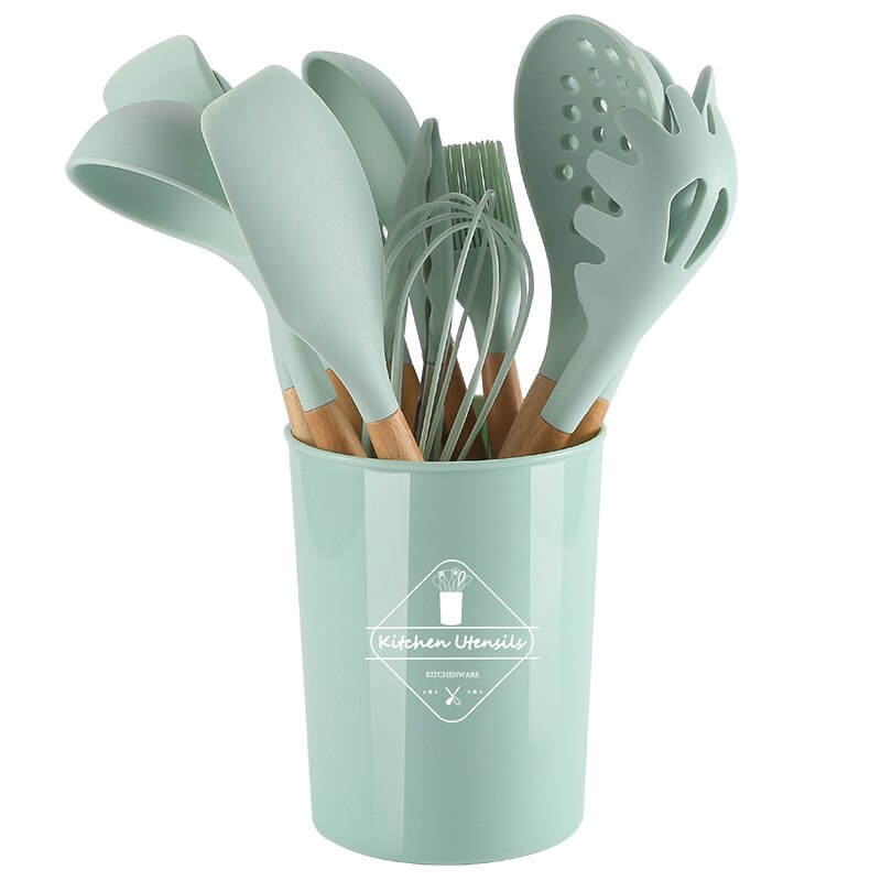 Conjunto de 11 Utensilios de Cozinha com Cabo de Madeira de Silicone