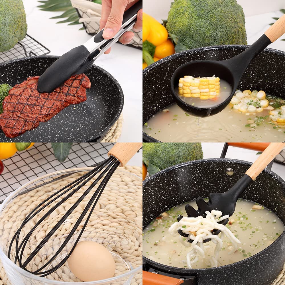 Conjunto de 11 Utensilios de Cozinha com Cabo de Madeira de Silicone