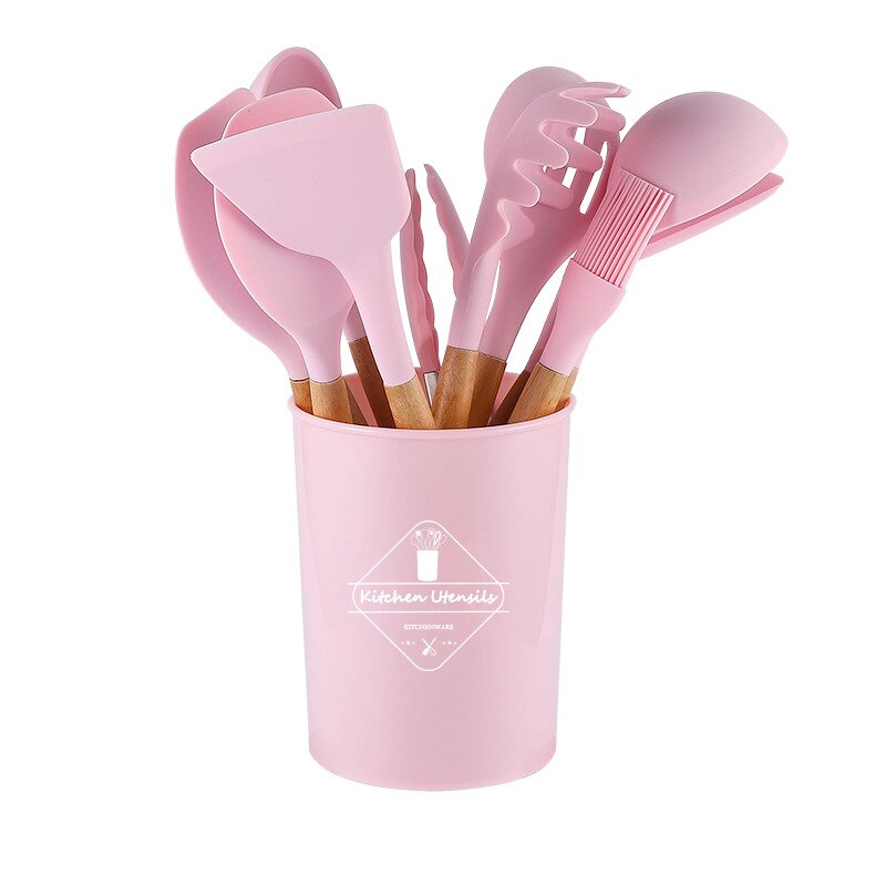 Conjunto de 11 Utensilios de Cozinha com Cabo de Madeira de Silicone